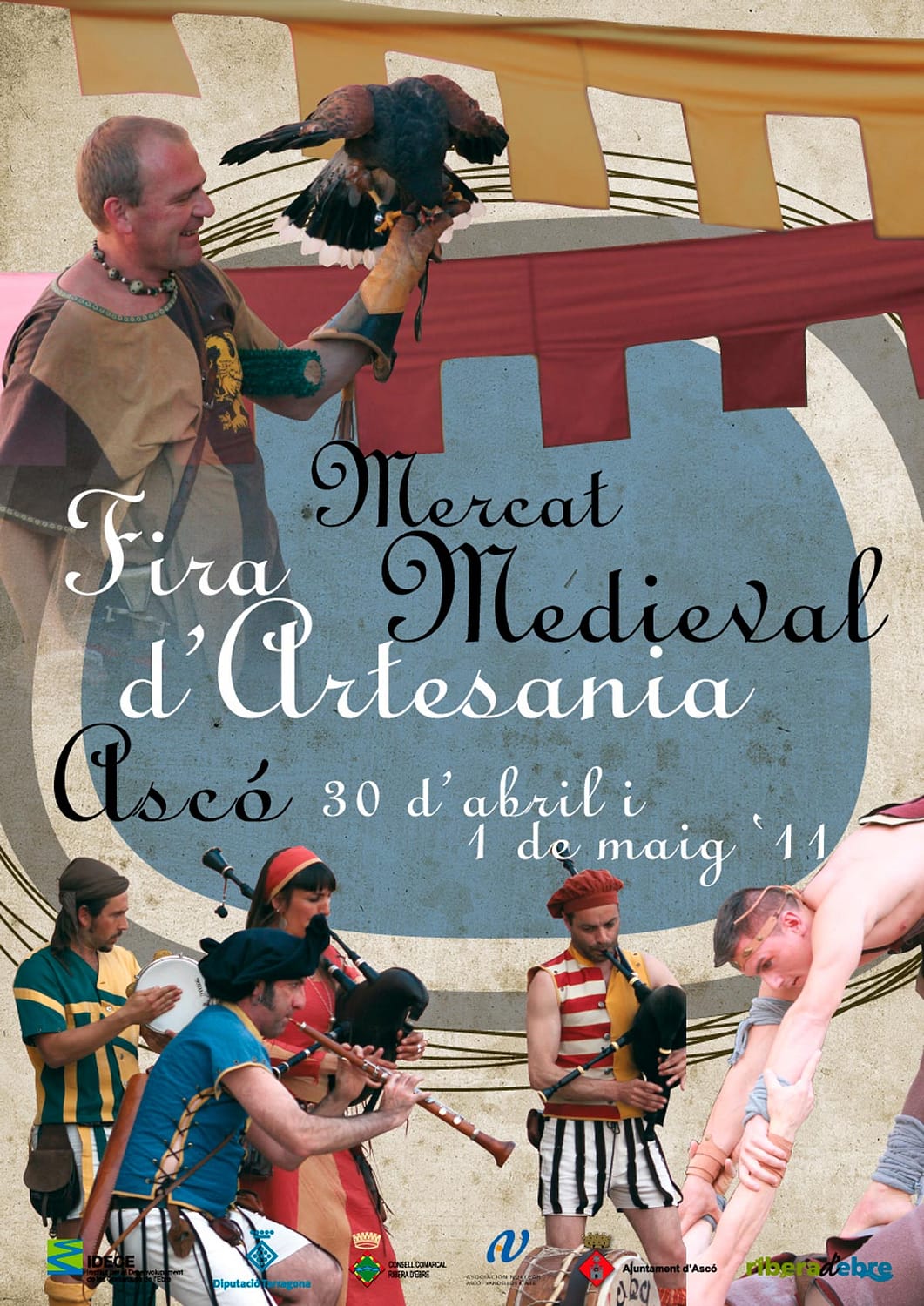 Cartell amb una fotografia il·lustrada de la V Fira d'Artesania i Mercat Medieval, d'Ascó 2012
