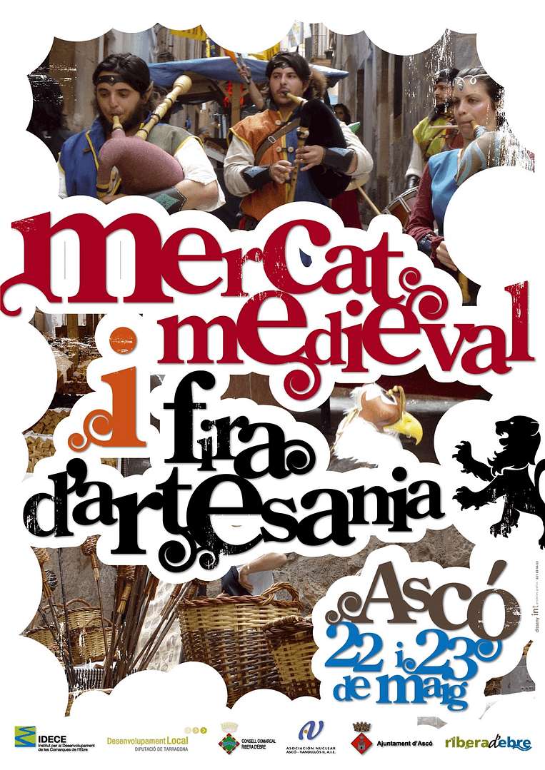 Cartell amb una fotografia il·lustrada de la V Fira d'Artesania i Mercat Medieval, d'Ascó 2012
